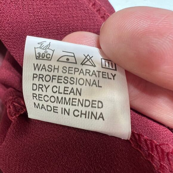 Shein (L) Burgundy Red Sheer Button Back RollTab Long Sleeve Blouse Top - Picture 10 of 10